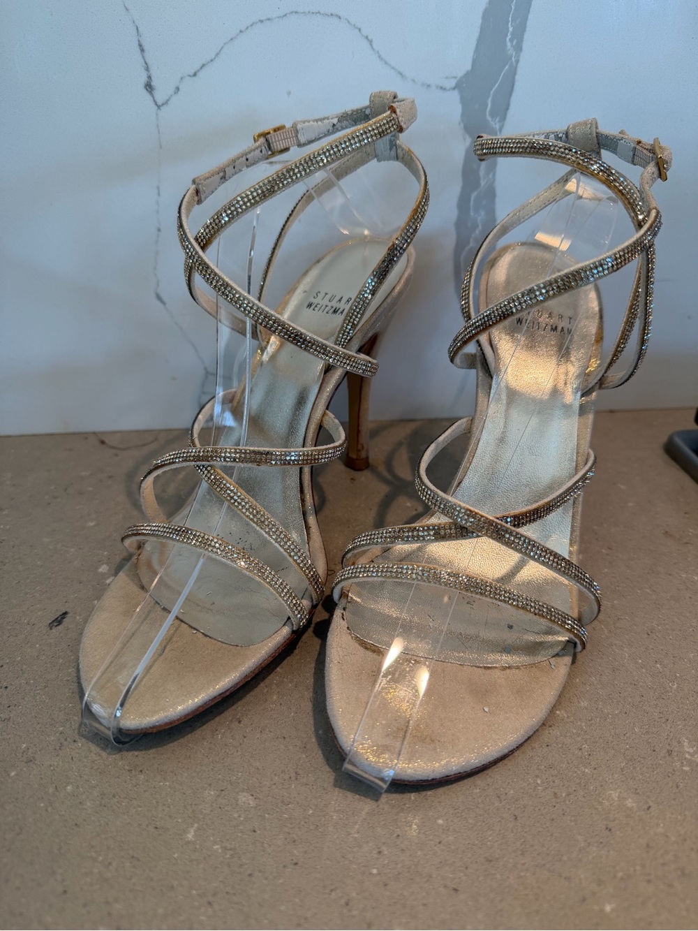 Stuart Weitzman Champagne Metallic Crystal-Strap Stiletto Sandals